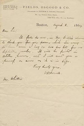 Book ID: 25675 Holograph note signed and dated Boston, August 6, 1869, to John...