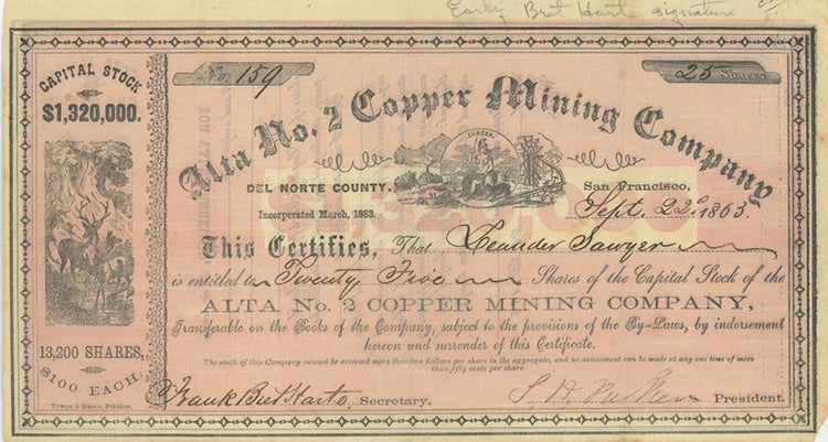 Book ID: 27675 Autograph Document Signed Frank Bret Harte and dated Sept. 22, 1863 on a stock certificate for the Alta No. 2 Copper Mining Company, Del Norte County and San Francisco. FRANCIS BRET HARTE.