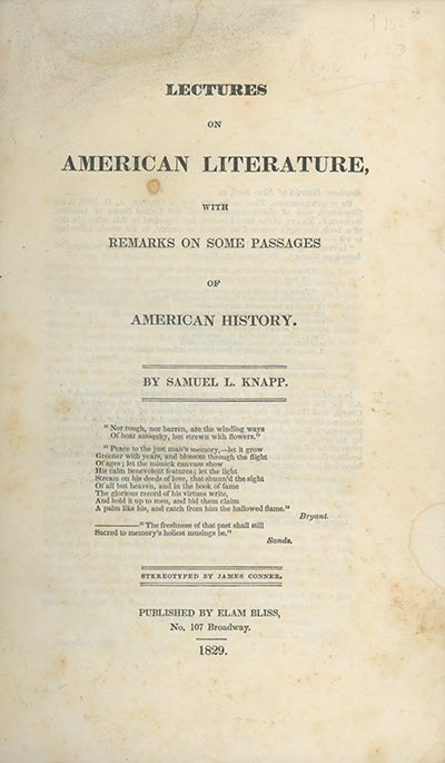 Book ID: 27884 Lectures on American Literature, with Remarks on Some Passages of American History. SAMUEL LORENZO KNAPP.