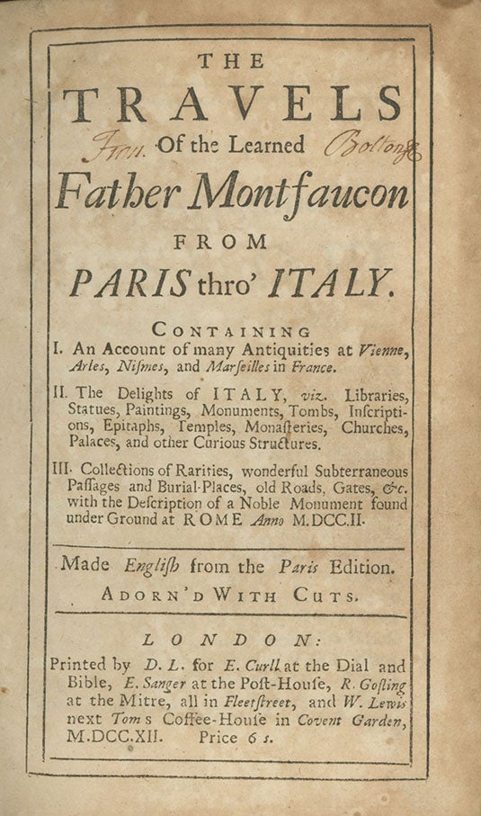 Book ID: 27989 The Travels of the Learned Father Montfaucon from Paris thro' Italy. TRAVEL, VOYAGES.