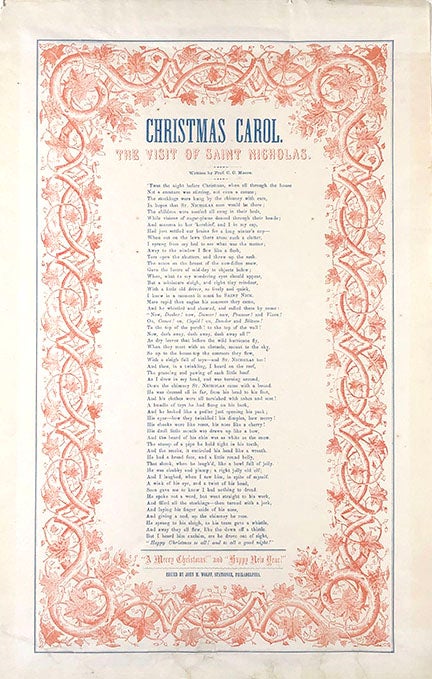 Book ID: 28852 Christmas Carol. The Visit of Saint Nicholas. Written by Prof. C. C. Moore [caption title]. CLEMENT CLARKE MOORE.